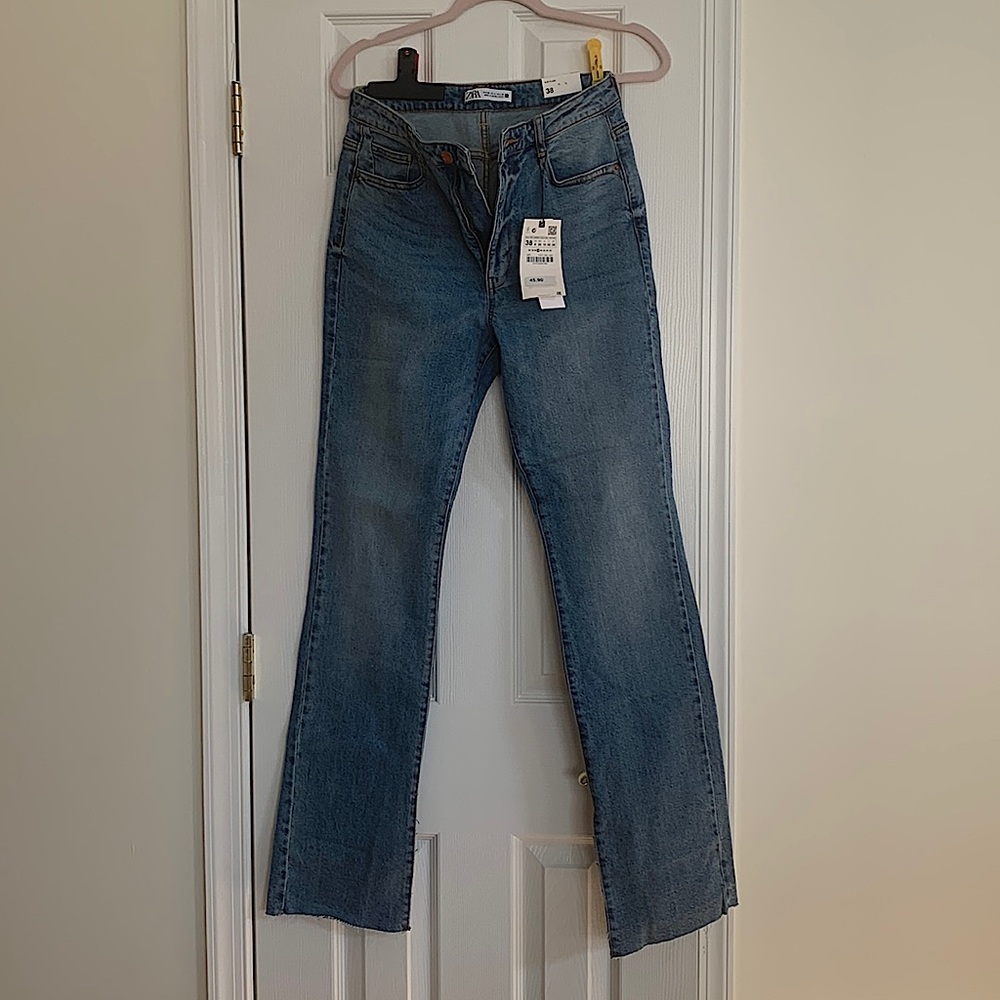 Zara Jeans Slim Flare High Rise Full Length Split Size 6 Blue